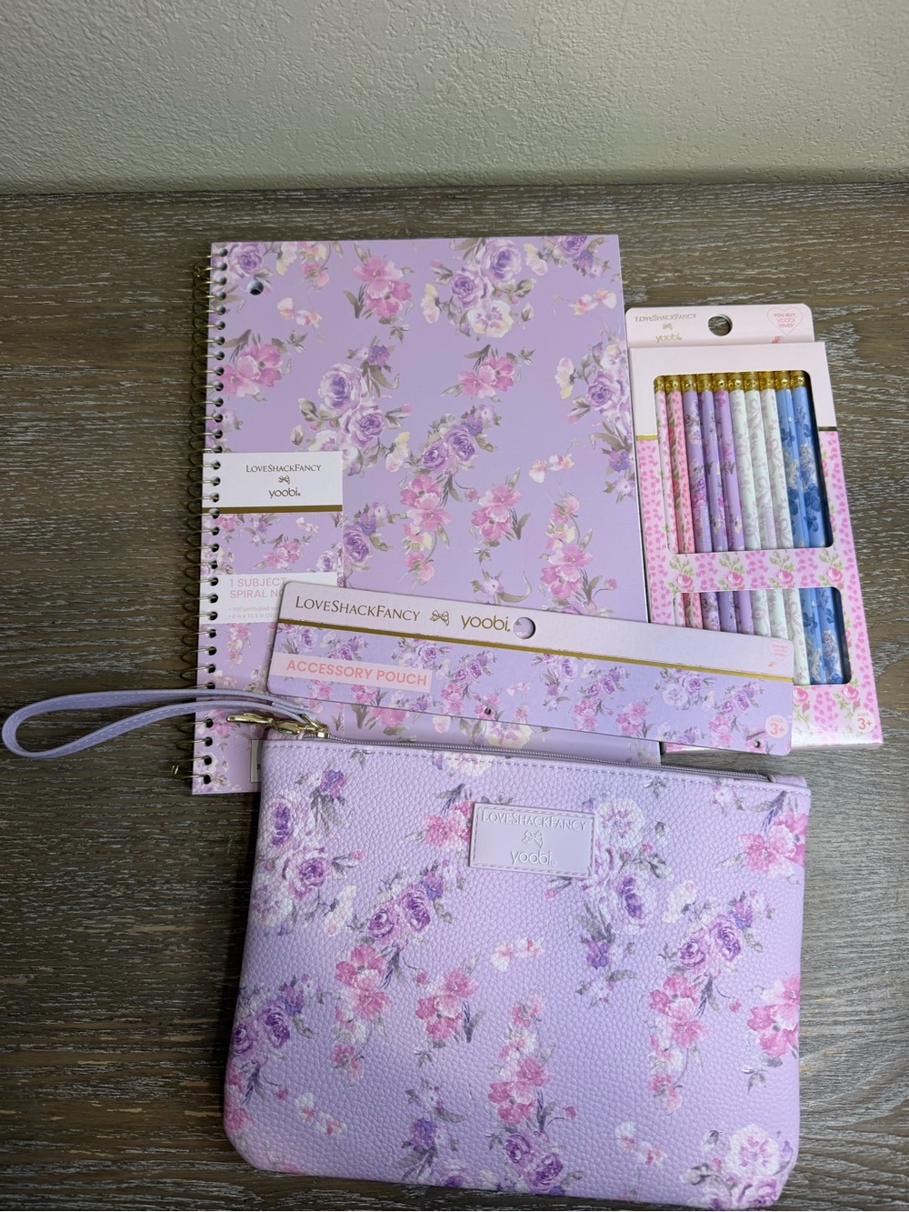 LoveShackFancy Yoobi Purple Floral Accessory Pouch & Stationery Set
